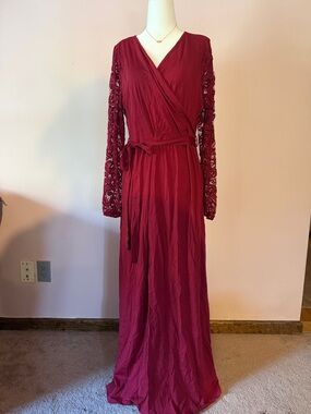 NWT Elegant Burgundy Lace-Sleeve Wrap Maxi Dress